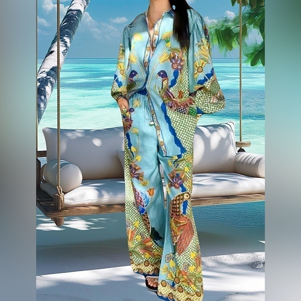 Birds of a Feather Bohemian Balloon-Sleeve Loose Blouse & Pants Two Piece Set